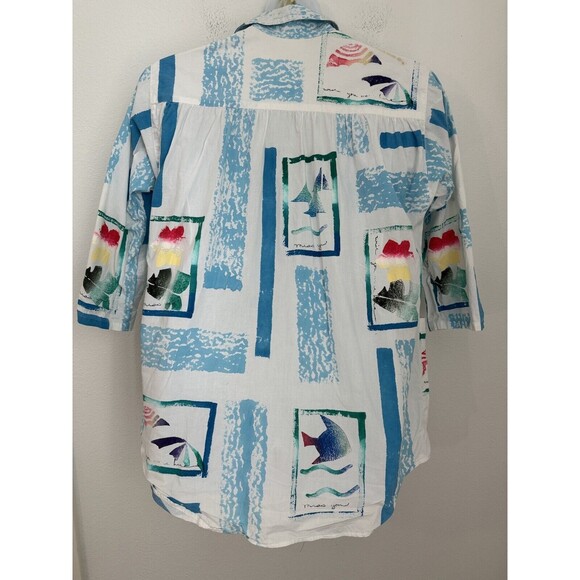 Play Alegre Painted Blouse Women XL  Coastal Boats Button Up White Fish - Picture 2 of 10